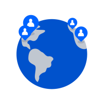 Globe that has 4 pinpoints with an outline a person